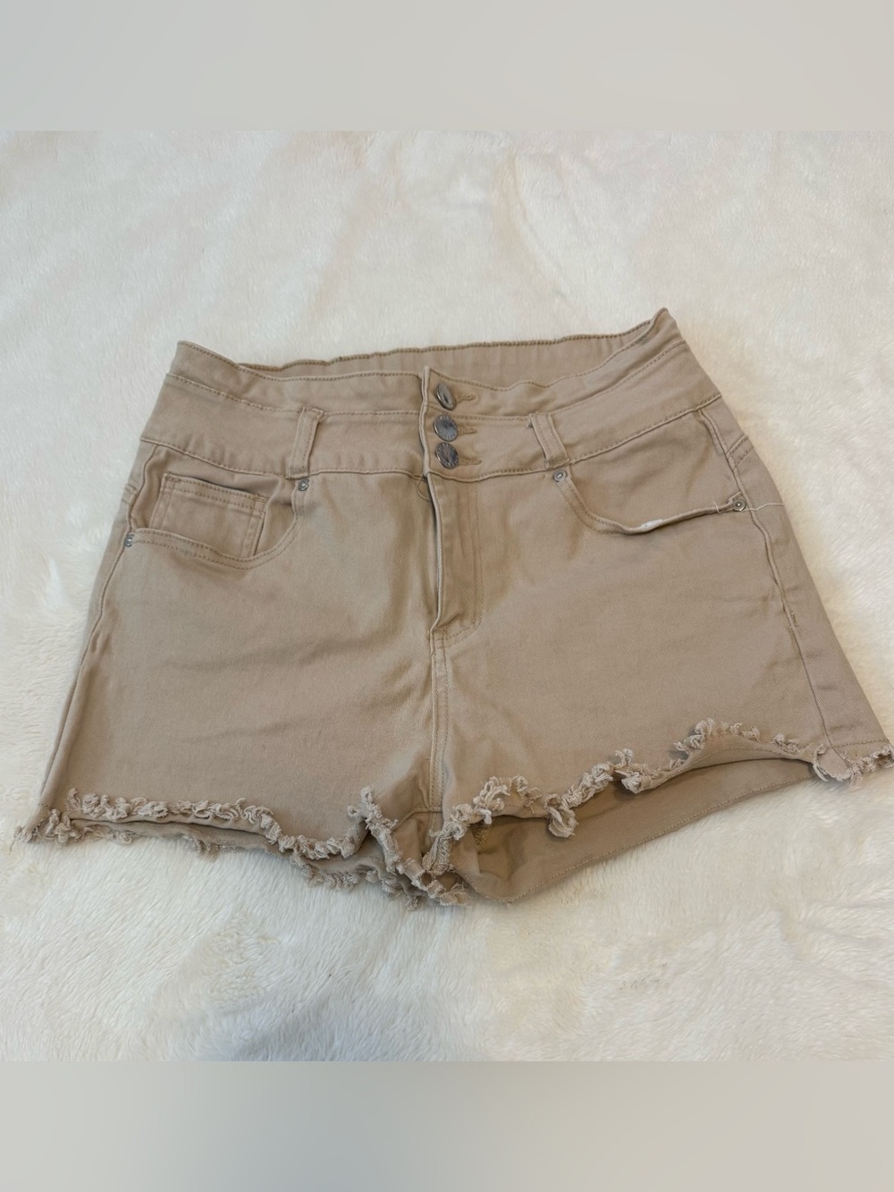 Fire & Rain Denim High-Waist Frayed Hem Women’s Shorts — Tan size 11